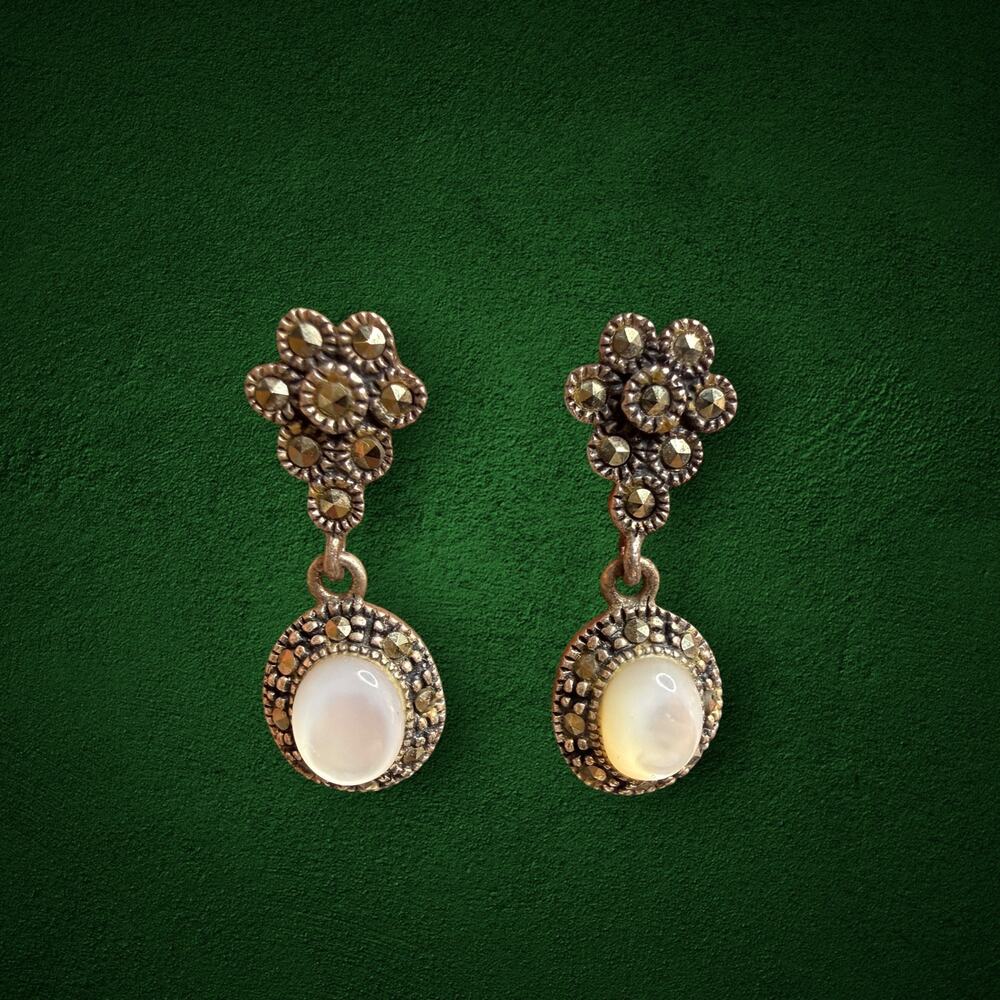 Vintage 925 Sterling Silver Moonstone Marcasite Dangle Earrings